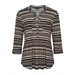 Cocomo Women's Size XL Brown Beige Multi Stripe Print Pintuck 3/4 Sleeve Top